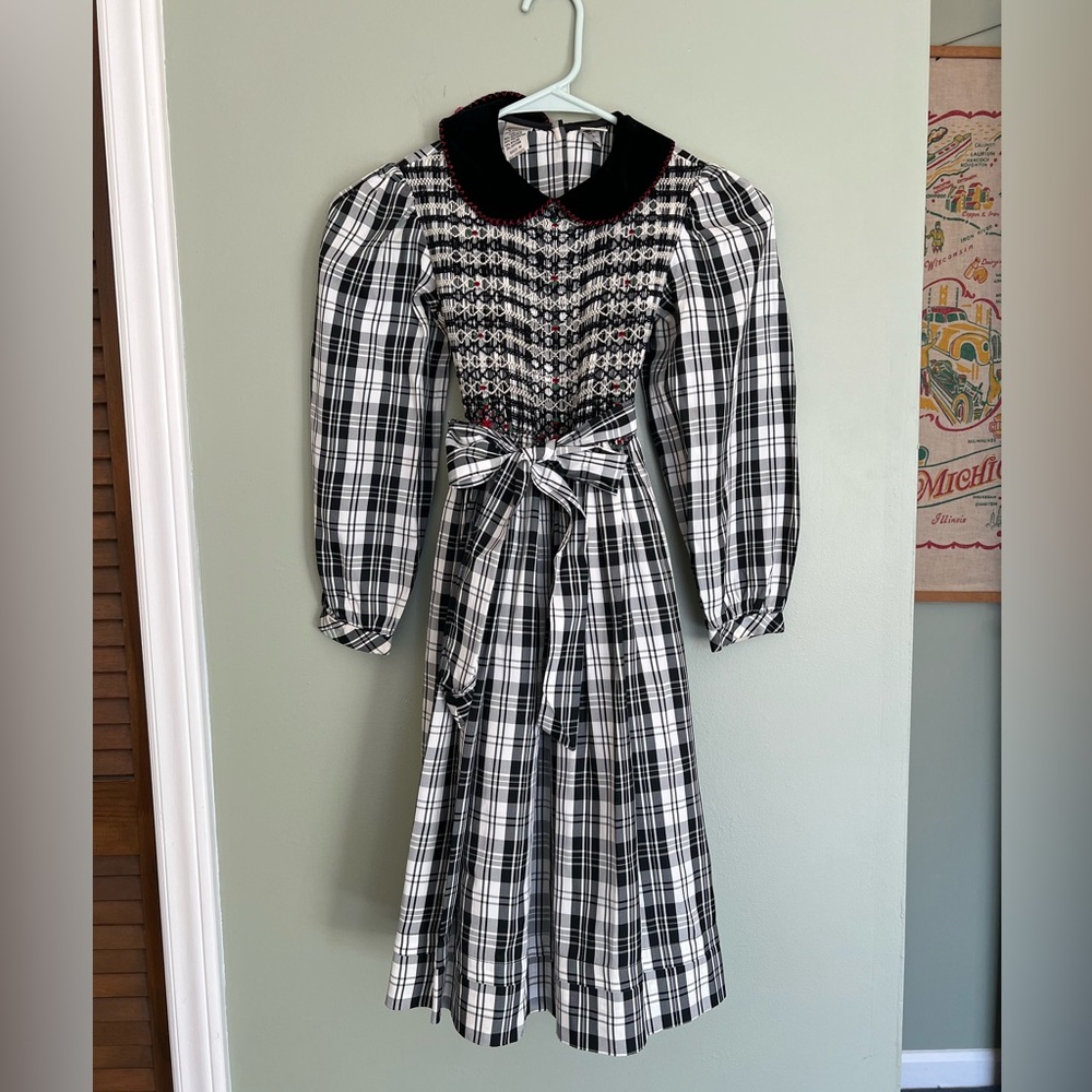Vintage 80s 90s Sarah Louise Black & White Plaid Smocked Dress Girls Kid…